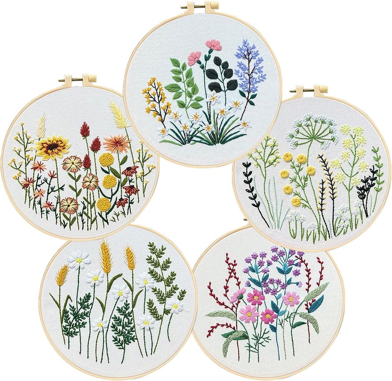 COCOMOX 5 Sets Floral Embroidery Practice Kits, Flower Pattern Embroidery Kit for Beginners Adults, Hand Embroidery Kit, Easy to Follow Instruction and Video - Image 1